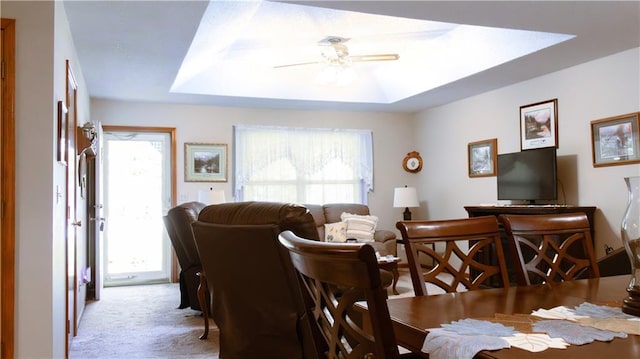413 Quail Trl, Warrensburg, MO 64093 - dining area featuring a tray ceiling, carpet floors, a ceiling fan, and healthy amount of natural light