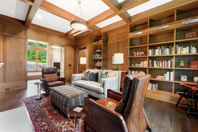 2720 Verona Cir, Mission Hills, KS 66208 - living room with coffered ceiling, wood walls, wood finished floors, and beamed ceiling