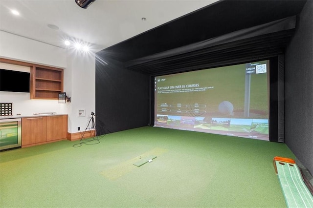 2720 Verona Cir, Mission Hills, KS 66208 - rec room with golf simulator, wine cooler, and carpet