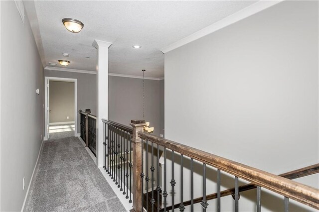 3726 NE 90th Ter, Kansas City, MO 64156 - corridor with ornamental molding, an upstairs landing, carpet flooring, and recessed lighting