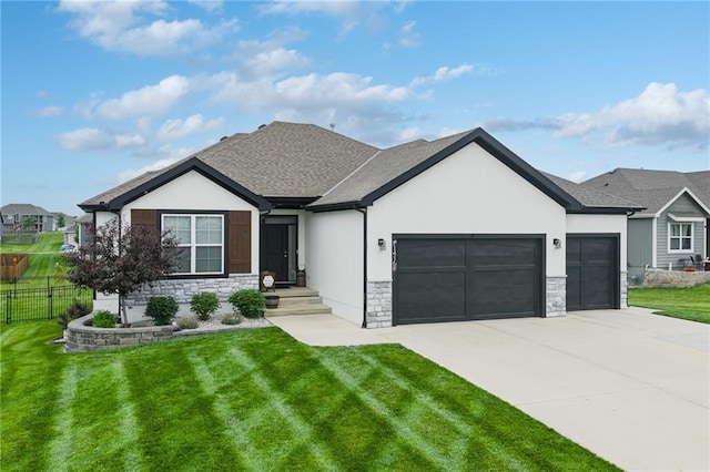 14168 Nicollete Ct, Basehor, KS 66007 - view of front facade with stone siding, an attached garage, concrete driveway, stucco siding, and a shingled roof