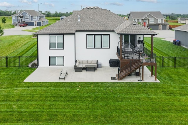 14168 Nicollete Ct, Basehor, KS 66007 - rear view of house featuring a shingled roof, a patio, and stairway