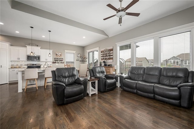 14168 Nicollete Ct, Basehor, KS 66007 - living area featuring ceiling fan, healthy amount of natural light, recessed lighting, dark wood-style flooring, and lofted ceiling