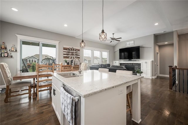 14168 Nicollete Ct, Basehor, KS 66007 - kitchen featuring stainless steel dishwasher, a stone fireplace, light stone countertops, a ceiling fan, and pendant lighting