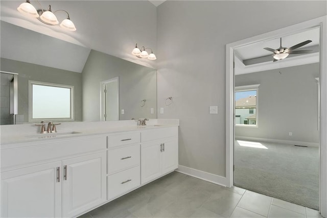 3707 NE 90th St, Kansas City, MO 64156 - bathroom featuring double vanity, ceiling fan, an enclosed shower, lofted ceiling, and tile patterned flooring