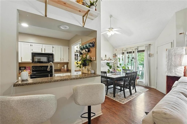 11134 Nieman Rd Unit 201, Overland Park, KS 66210 - kitchen featuring black appliances, lofted ceiling, open floor plan, dark wood-style floors, and ceiling fan