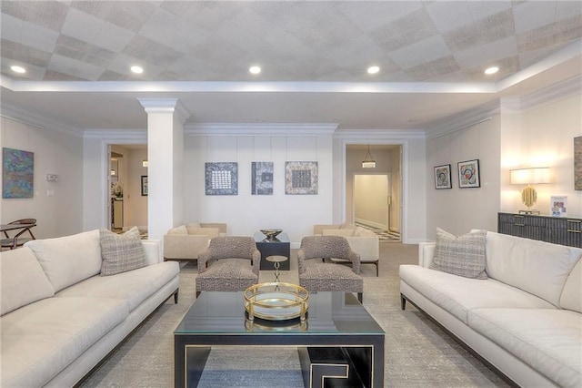 4545 Wornall Rd Unit 1009, Kansas City, MO 64111 - living area featuring crown molding, carpet, and recessed lighting