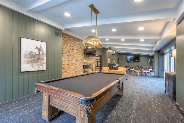 4545 Wornall Rd Unit 1009, Kansas City, MO 64111 - rec room with beam ceiling, recessed lighting, billiards, and a fireplace