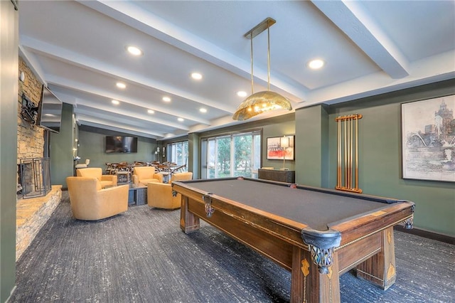 4545 Wornall Rd Unit 1009, Kansas City, MO 64111 - playroom with recessed lighting, pool table, and a fireplace