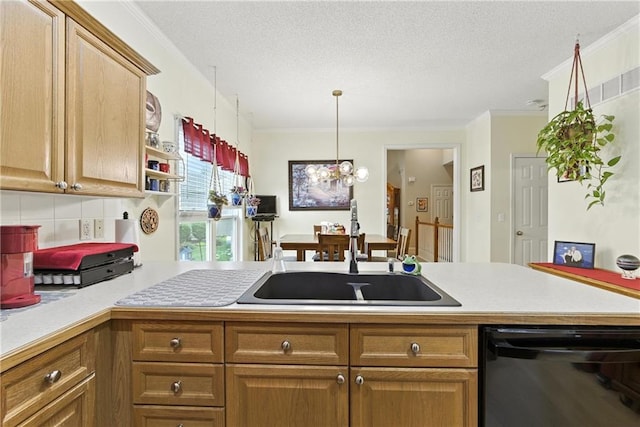 22802 W 72nd Ter, Shawnee, KS 66227 - kitchen featuring black dishwasher, light countertops, backsplash, brown cabinets, and ornamental molding