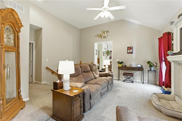22802 W 72nd Ter, Shawnee, KS 66227 - living area featuring light colored carpet, lofted ceiling, and ceiling fan