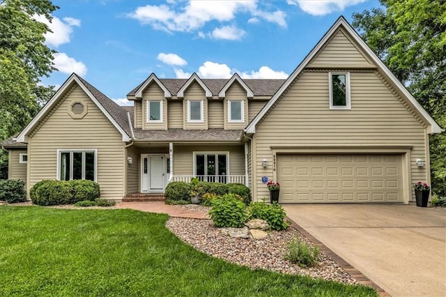 22810 SW Hampton Ct, Blue Springs, MO 64015 - traditional-style house with a garage, a front yard, a porch, driveway, and roof with shingles