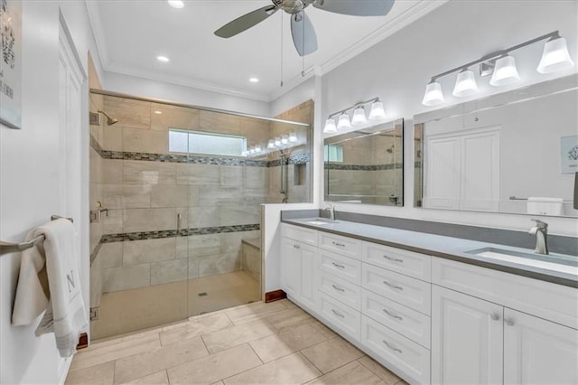 22810 SW Hampton Ct, Blue Springs, MO 64015 - full bathroom with double vanity, ornamental molding, a shower stall, a ceiling fan, and recessed lighting