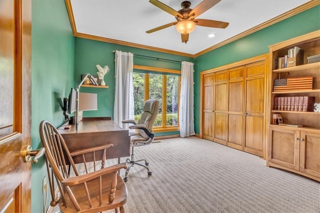 22810 SW Hampton Ct, Blue Springs, MO 64015 - carpeted office with a ceiling fan, ornamental molding, and recessed lighting