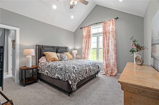 1077 N 150th Rd, Baldwin City, KS 66006 - bedroom featuring light carpet, vaulted ceiling, a ceiling fan, and recessed lighting