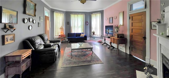 615 N Jefferson St, Carrollton, MO 64633 - living room with crown molding, a ceiling fan, and wood finished floors