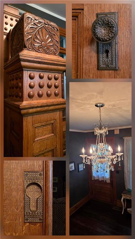 615 N Jefferson St, Carrollton, MO 64633 - detailed view of a chandelier, wood finished floors, and ornamental molding