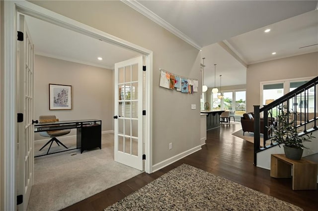 144 SE Riley St, Blue Springs, MO 64064 - corridor with crown molding, dark wood-type flooring, recessed lighting, and french doors