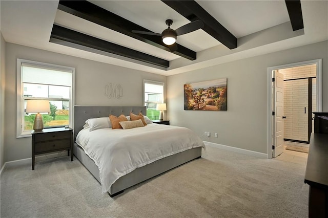144 SE Riley St, Blue Springs, MO 64064 - bedroom featuring light carpet, beamed ceiling, a tray ceiling, and a ceiling fan