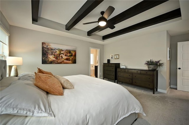 144 SE Riley St, Blue Springs, MO 64064 - bedroom with carpet flooring, beamed ceiling, and a ceiling fan