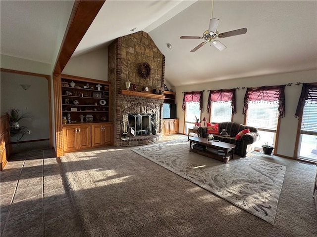 23800 Lucille Ln, Peculiar, MO 64078 - carpeted living area featuring ceiling fan, a fireplace, high vaulted ceiling, and beamed ceiling