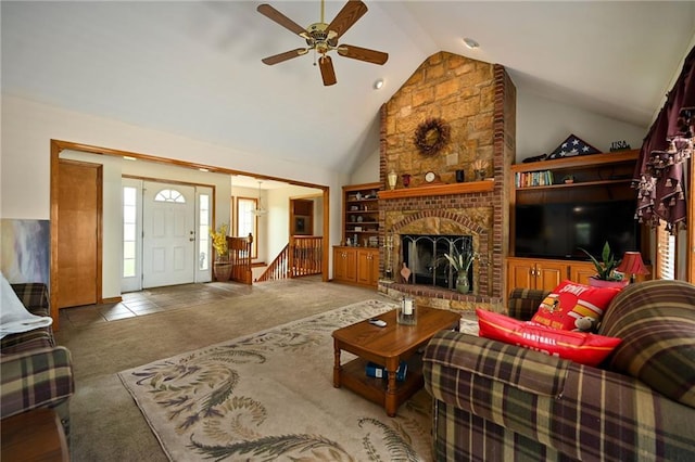 23800 Lucille Ln, Peculiar, MO 64078 - carpeted living room featuring ceiling fan, a brick fireplace, and high vaulted ceiling