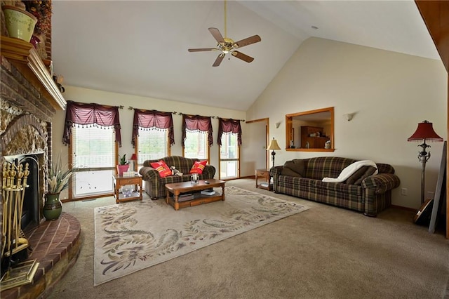 23800 Lucille Ln, Peculiar, MO 64078 - carpeted living room featuring a fireplace, ceiling fan, and high vaulted ceiling