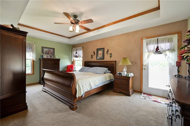 23800 Lucille Ln, Peculiar, MO 64078 - bedroom featuring a tray ceiling, multiple windows, light colored carpet, and access to outside