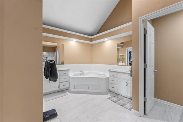 24137 W 57th Ter, Shawnee, KS 66226 - full bath featuring vanity, lofted ceiling, a bath, and marble finish flooring