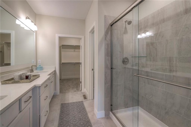 24110 W 95th St, Lenexa, KS 66227 - full bath featuring a walk in closet, double vanity, a stall shower, and tile patterned flooring