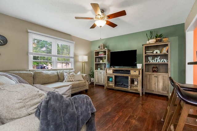 709 S 9th St, Louisburg, KS 66053 - living room with dark wood finished floors and ceiling fan