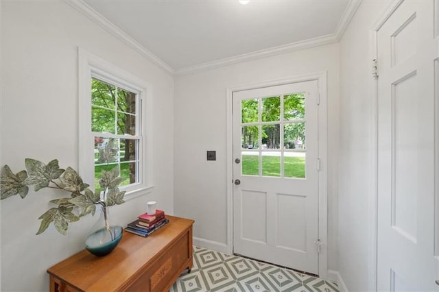8315 Lee Blvd, Leawood, KS 66206 - doorway to outside featuring healthy amount of natural light, light floors, and crown molding