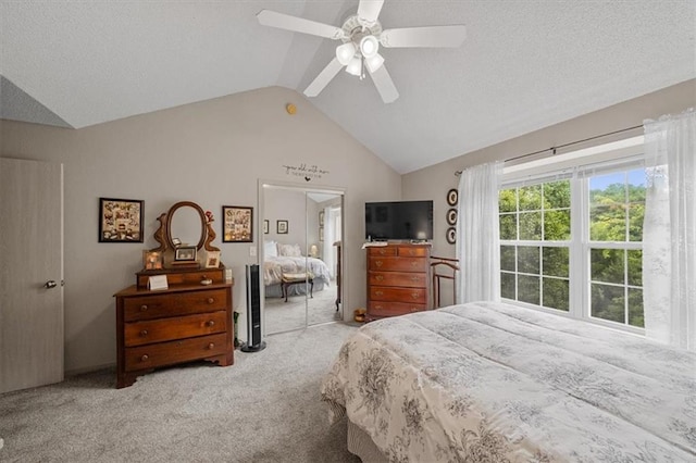 3568 NE Austin Dr, Lees Summit, MO 64064 - carpeted bedroom with lofted ceiling, a ceiling fan, and a textured ceiling
