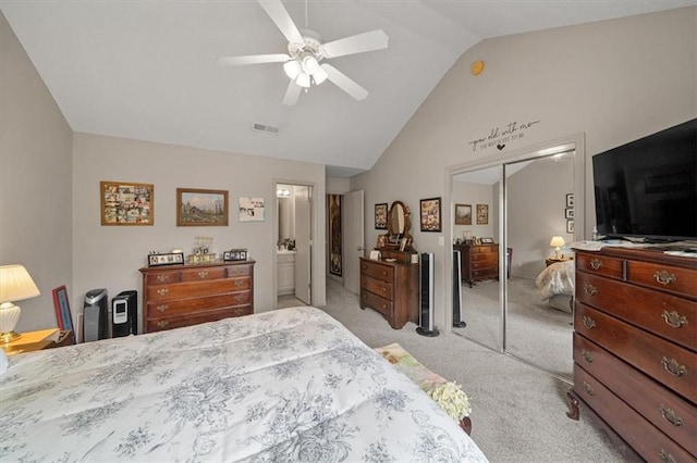 3568 NE Austin Dr, Lees Summit, MO 64064 - bedroom featuring a closet, light colored carpet, high vaulted ceiling, and a ceiling fan