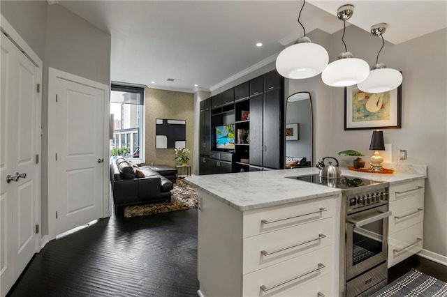 4545 Wornall Rd Unit Le4, Kansas City, MO 64111 - kitchen featuring stainless steel electric stove, dark wood-style floors, light stone counters, open floor plan, and crown molding