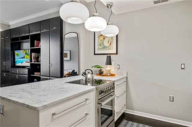 4545 Wornall Rd Unit Le4, Kansas City, MO 64111 - kitchen featuring stainless steel range with electric stovetop, dark cabinetry, crown molding, light stone countertops, and a peninsula