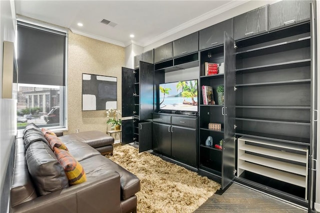 4545 Wornall Rd Unit Le4, Kansas City, MO 64111 - living area featuring ornamental molding, wood finished floors, healthy amount of natural light, recessed lighting, and a textured wall