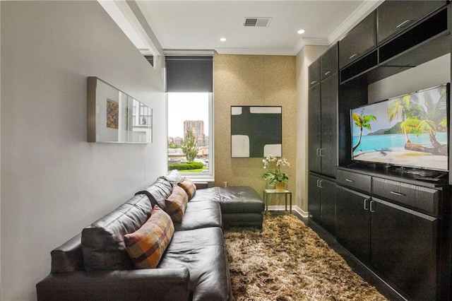 4545 Wornall Rd Unit Le4, Kansas City, MO 64111 - living room featuring ornamental molding and recessed lighting