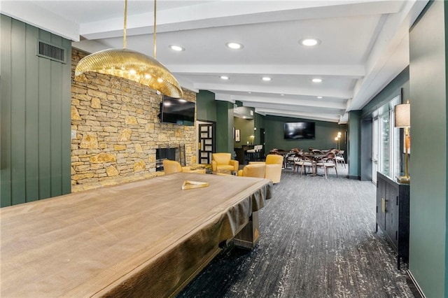 4545 Wornall Rd Unit Le4, Kansas City, MO 64111 - playroom with a fireplace, beam ceiling, billiards, recessed lighting, and wood finished floors