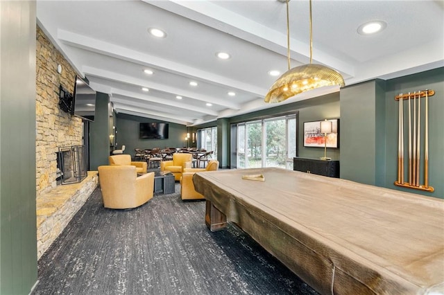 4545 Wornall Rd Unit Le4, Kansas City, MO 64111 - rec room with a stone fireplace, recessed lighting, billiards table, and wood finished floors