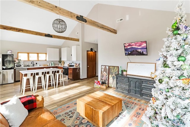 501 NW 101st Rd, Warrensburg, MO 64093 - living area featuring high vaulted ceiling, light wood finished floors, and beam ceiling