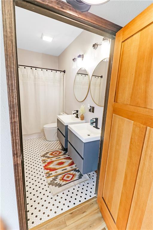 501 NW 101st Rd, Warrensburg, MO 64093 - bathroom featuring vanity, wood finished floors, and curtained shower