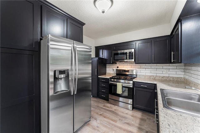 3005 Elmira Ct, Independence, MO 64057 - kitchen featuring appliances with stainless steel finishes, backsplash, light wood-style floors, a textured ceiling, and dark cabinets