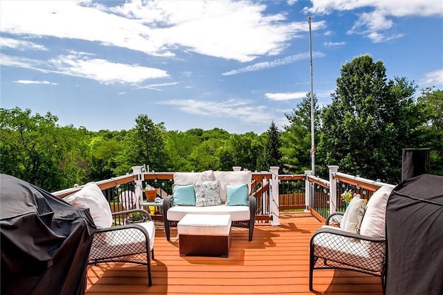 3401 NE 153rd Ter, Smithville, MO 64089 - wooden terrace featuring an outdoor living space, a forest view, and grilling area