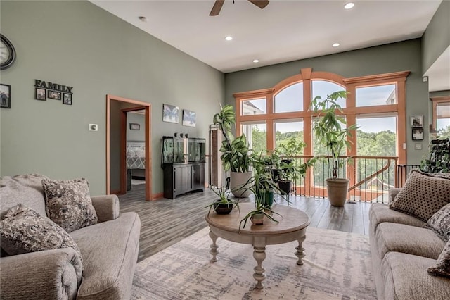 3401 NE 153rd Ter, Smithville, MO 64089 - living area with a ceiling fan, healthy amount of natural light, recessed lighting, and wood finished floors