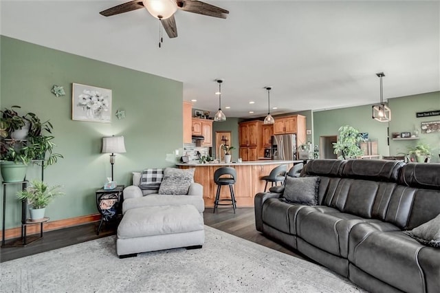 3401 NE 153rd Ter, Smithville, MO 64089 - living room with ceiling fan, dark wood finished floors, and recessed lighting