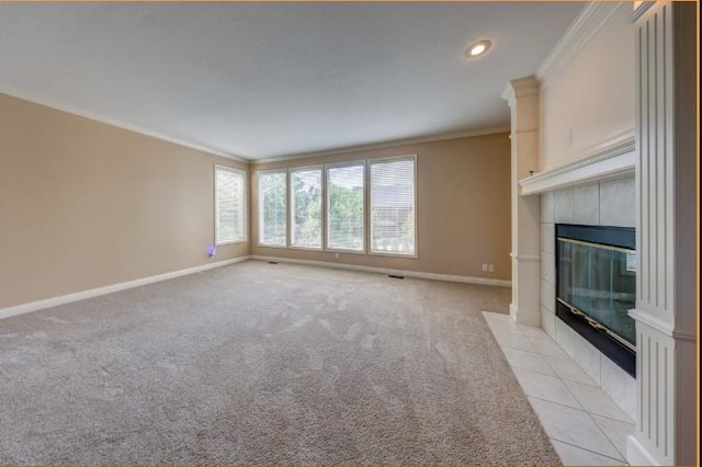 9307 W 146th St, Overland Park, KS 66221 - unfurnished living room featuring crown molding, a fireplace, light carpet, and recessed lighting