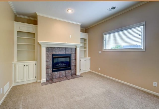 9307 W 146th St, Overland Park, KS 66221 - unfurnished living room featuring ornamental molding, light carpet, and a fireplace