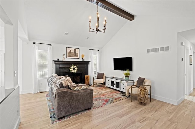 2421 NW Acorn Dr, Blue Springs, MO 64014 - living area featuring beam ceiling, a chandelier, a fireplace, wood finished floors, and high vaulted ceiling