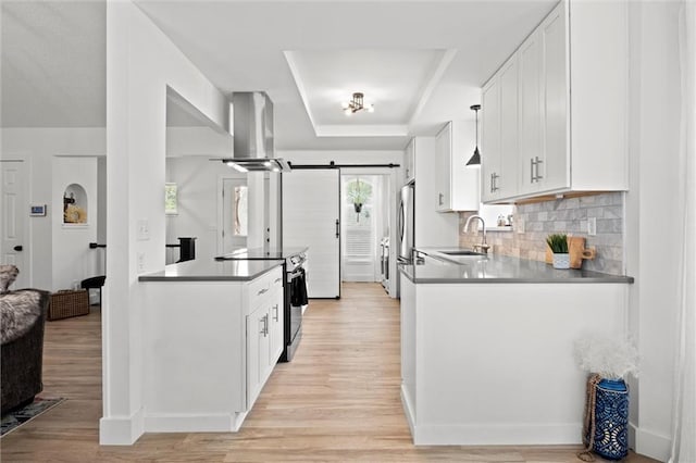 2421 NW Acorn Dr, Blue Springs, MO 64014 - kitchen with stainless steel appliances, island range hood, a tray ceiling, and white cabinetry